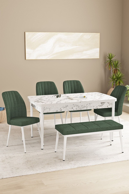Floryn Mdf Beyaz Mermer Desen Açılabilir 80X132 Cm 4 Sandalyeli Benchli Mutfak Masası Takımı