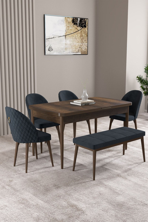 Milas Barok Desen 80X132 Mdf Açılabilir Yemek Masası Takımı 4 Sandalye, 1 Bench