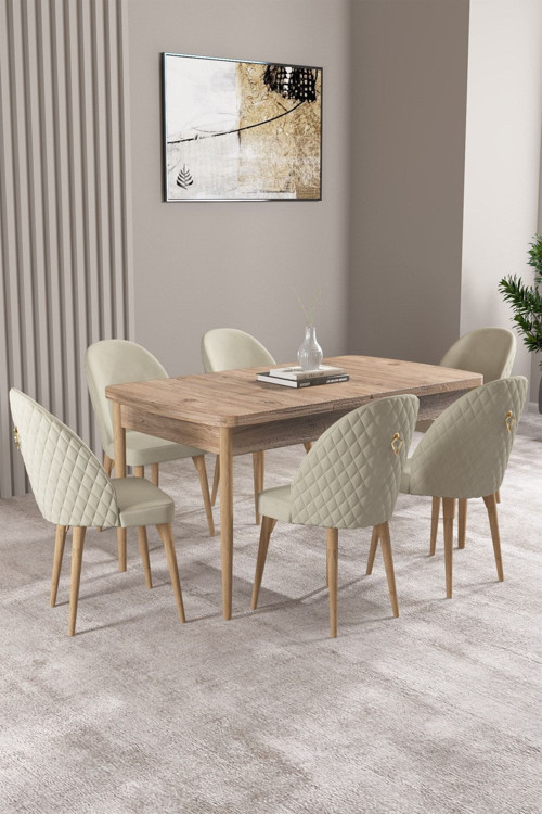 Milas Atlantik Çam 80X132 Mdf Açılabilir Mutfak Masası Takımı 6 Adet Sandalye
