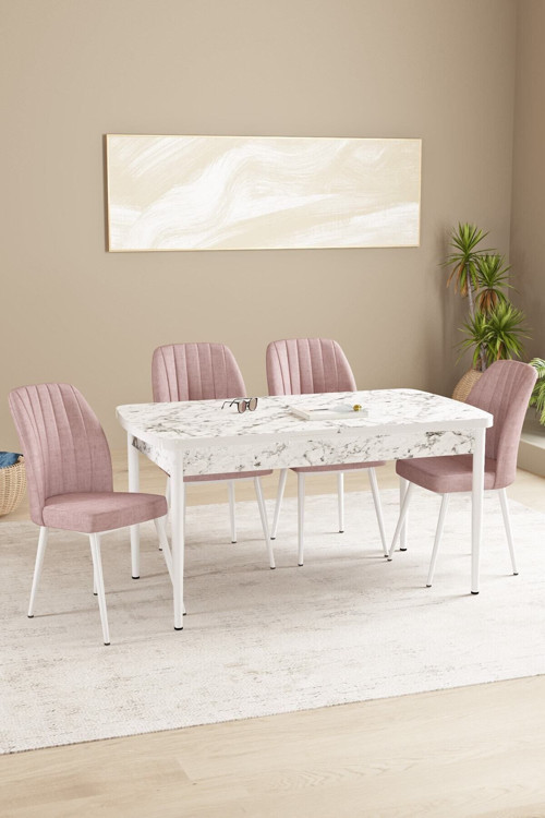 Floryn Mdf Beyaz Mermer Desen Açılabilir 80X132 Cm 4 Sandalyeli Mutfak Masası Takımı