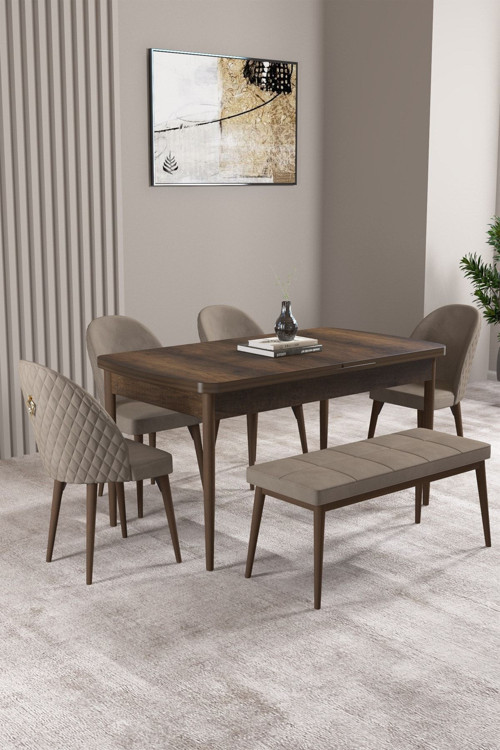 Milas Barok Desen 80X132 Mdf Açılabilir Yemek Masası Takımı 4 Sandalye, 1 Bench