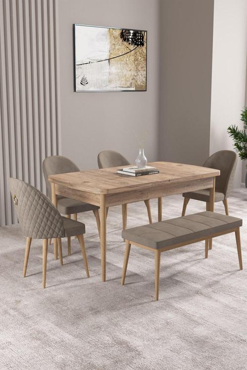 Milas Atlantik Çam 80X132 Mdf Açılabilir Mutfak Masası Takımı 4 Sandalye, 1 Bench