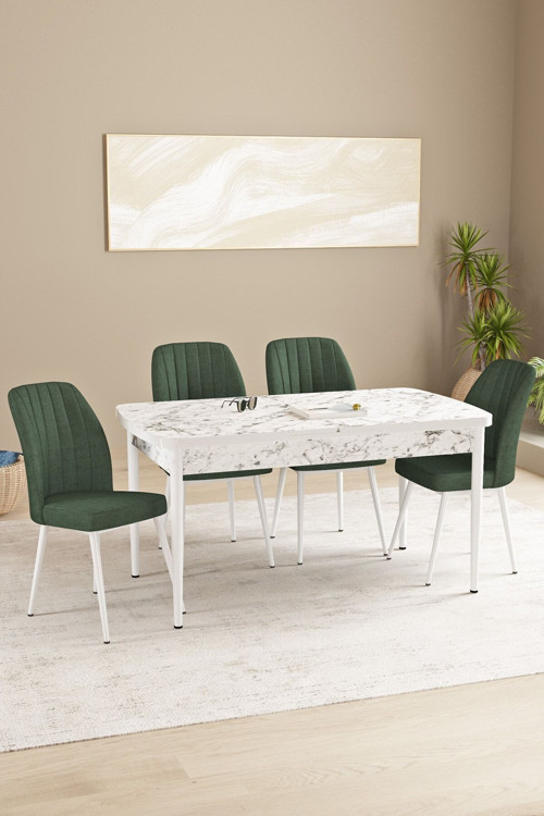 Floryn Mdf Beyaz Mermer Desen Açılabilir 80X132 Cm 4 Sandalyeli Mutfak Masası Takımı