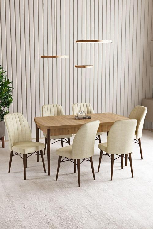 Lara Meşe Desen 80 X 132 Açılabilir Mdf Mutfak Masası 6 Adet Sandalye
