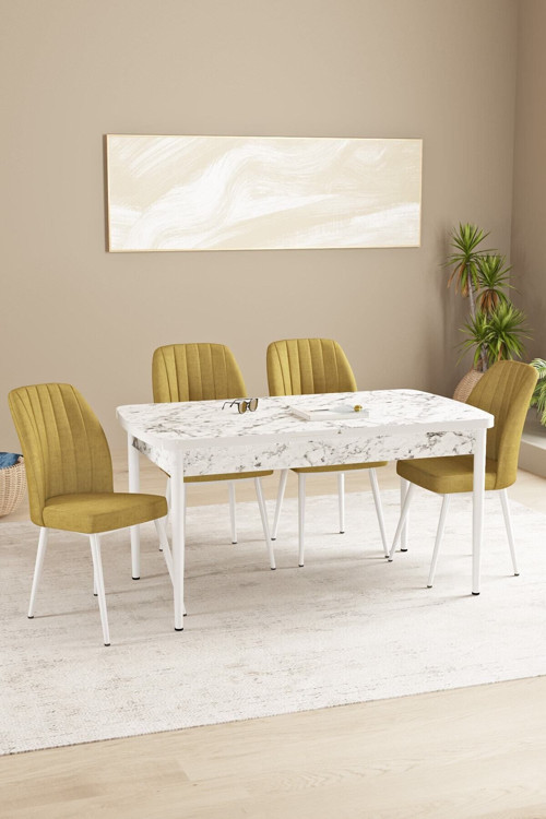 Floryn Mdf Beyaz Mermer Desen Açılabilir 80X132 Cm 4 Sandalyeli Mutfak Masası Takımı