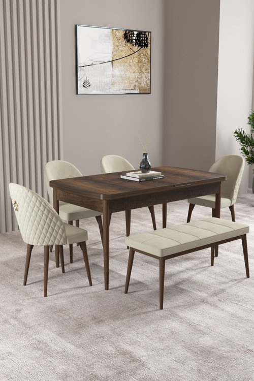 Milas Barok Desen 80X132 Mdf Açılabilir Yemek Masası Takımı 4 Sandalye, 1 Bench