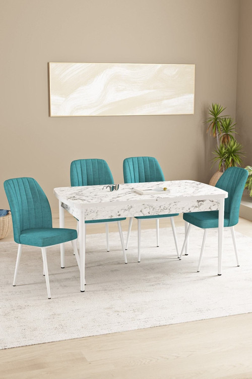Floryn Mdf Beyaz Mermer Desen Açılabilir 80X132 Cm 4 Sandalyeli Mutfak Masası Takımı