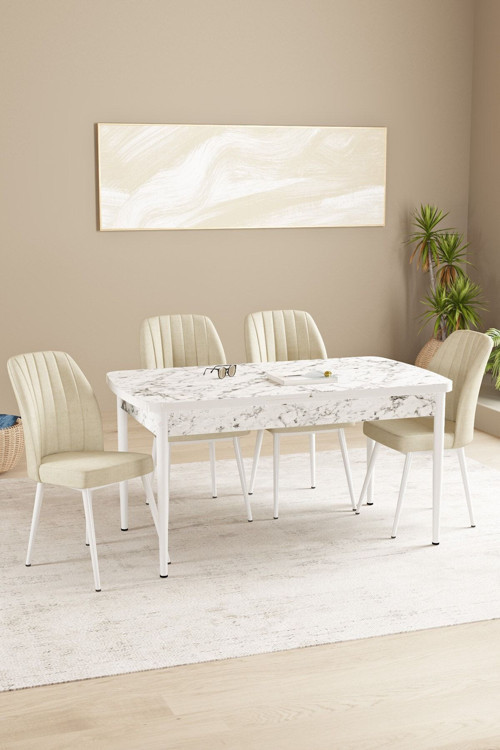 Floryn Mdf Beyaz Mermer Desen Açılabilir 80X132 Cm 4 Sandalyeli Mutfak Masası Takımı