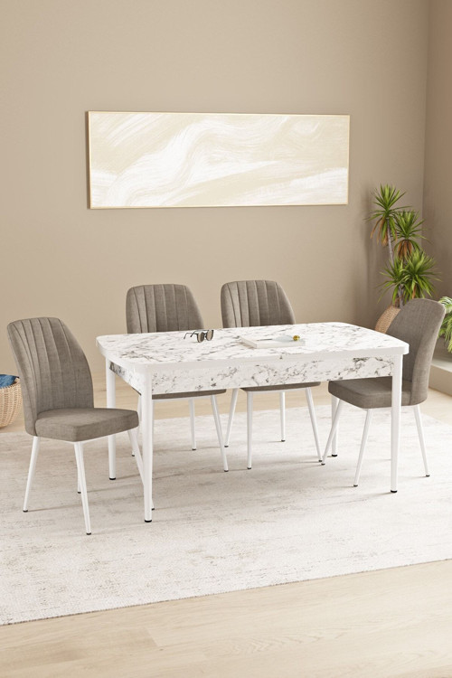 Floryn Mdf Beyaz Mermer Desen Açılabilir 80X132 Cm 4 Sandalyeli Mutfak Masası Takımı