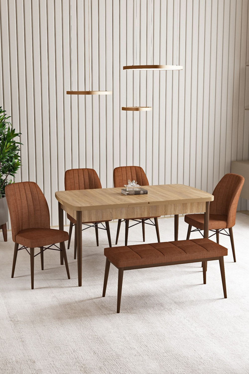 Lara Meşe Desen 80 X 132 Açılabilir Mdf Mutfak Masası 4 Sandalye, 1 Bench