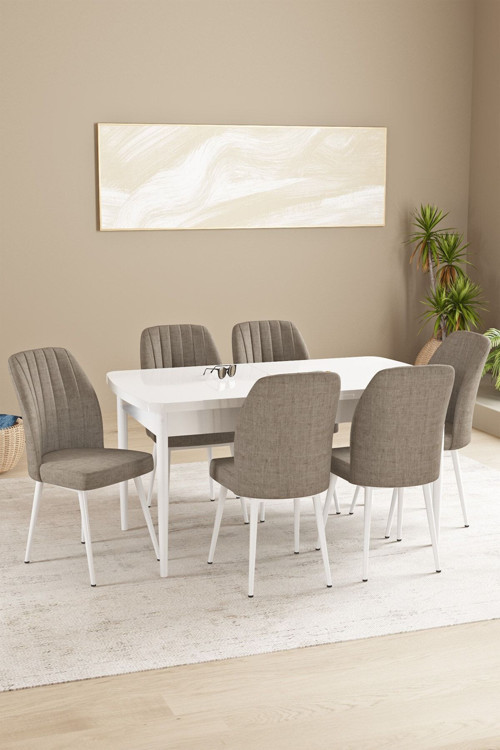Floryn Mdf Beyaz Açılabilir 80X132 Cm 6 Sandalyeli Mutfak Masası Takımı