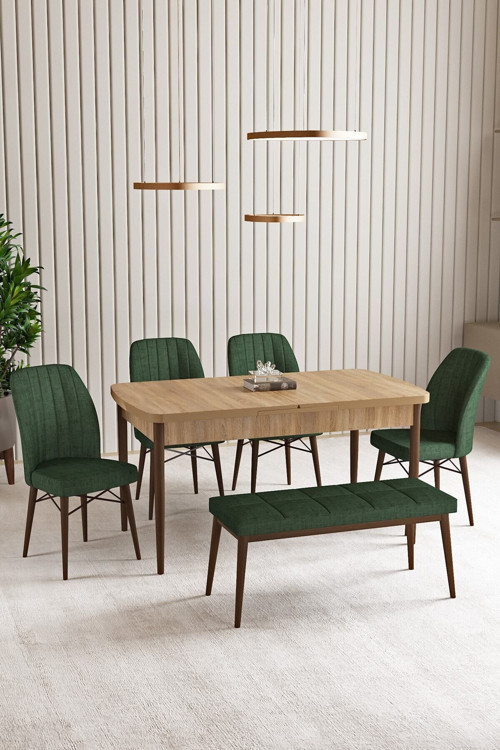 Lara Meşe Desen 80 X 132 Açılabilir Mdf Mutfak Masası 4 Sandalye, 1 Bench