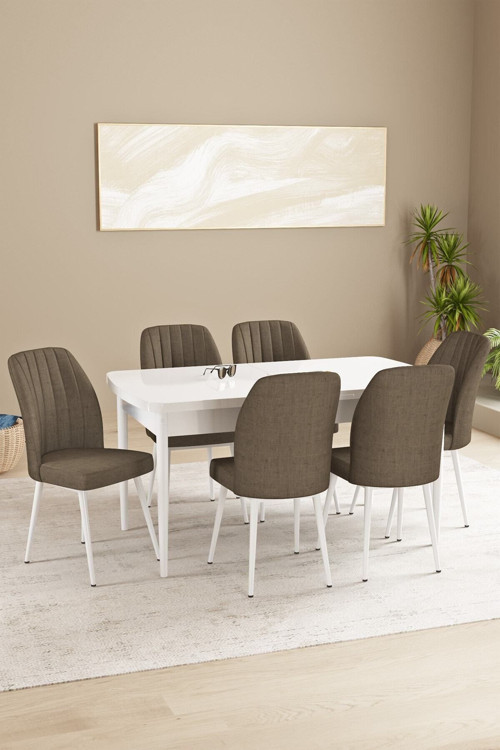 Floryn Mdf Beyaz Açılabilir 80X132 Cm 6 Sandalyeli Mutfak Masası Takımı