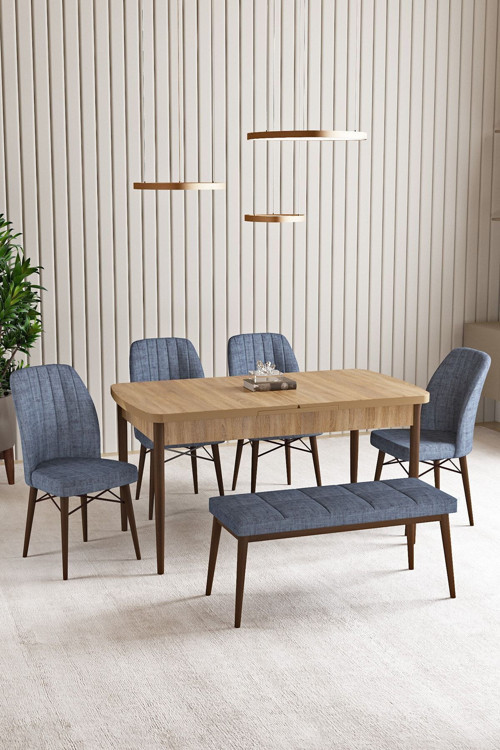 Lara Meşe Desen 80 X 132 Açılabilir Mdf Mutfak Masası 4 Sandalye, 1 Bench