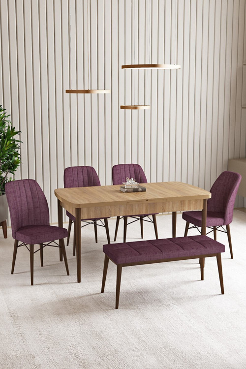 Lara Meşe Desen 80 X 132 Açılabilir Mdf Mutfak Masası 4 Sandalye, 1 Bench