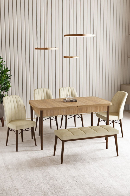Lara Meşe Desen 80 X 132 Açılabilir Mdf Mutfak Masası 4 Sandalye, 1 Bench