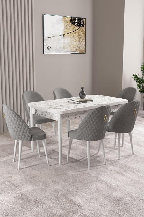 Milas Beyaz Mermer Desen 80X132 Mdf Açılabilir Yemek Masası Takımı 6 Adet Sandalye