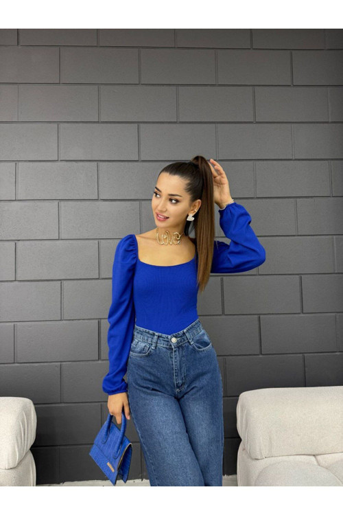 Kadın Kare Yaka Balon Uzun Kol Crop Bluz Saks Mavi L