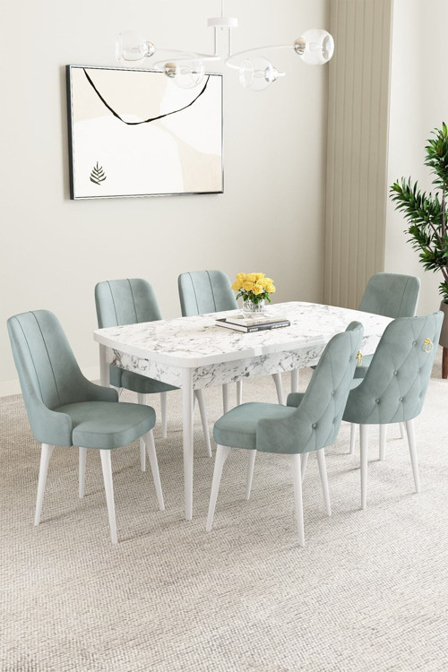 Mabel Beyaz Mermer Desen 80X132 Açılabilir Yemek Odası Takımı 6 Adet Sandalye