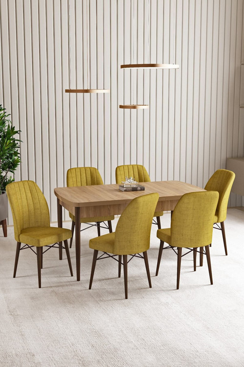 Vien Meşe Desen 80 X 132 Açılabilir Mdf Mutfak Masası 6 Adet Sandalye