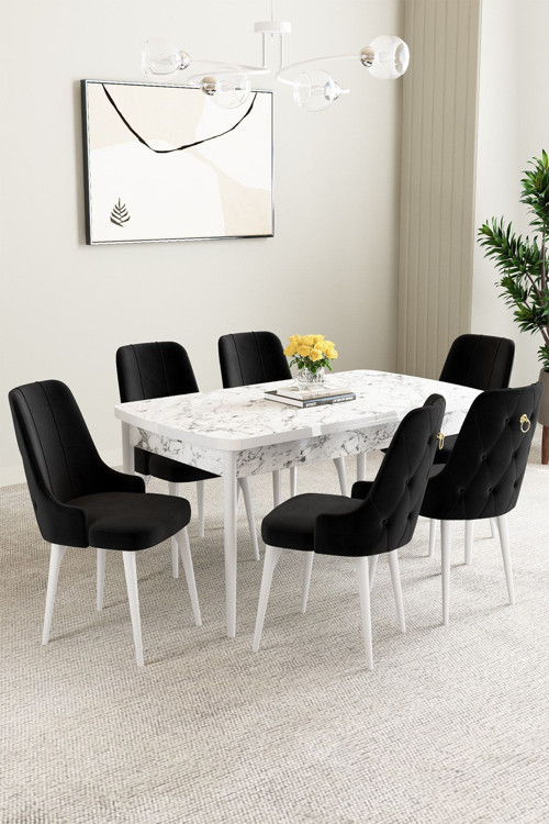 Mabel Beyaz Mermer Desen 80X132 Açılabilir Yemek Odası Takımı 6 Adet Sandalye