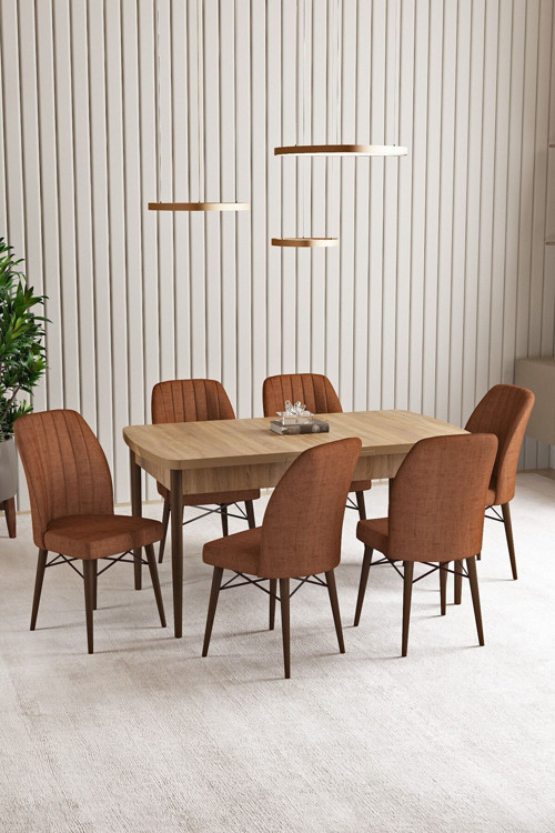 Vien Meşe Desen 80 X 132 Açılabilir Mdf Mutfak Masası 6 Adet Sandalye