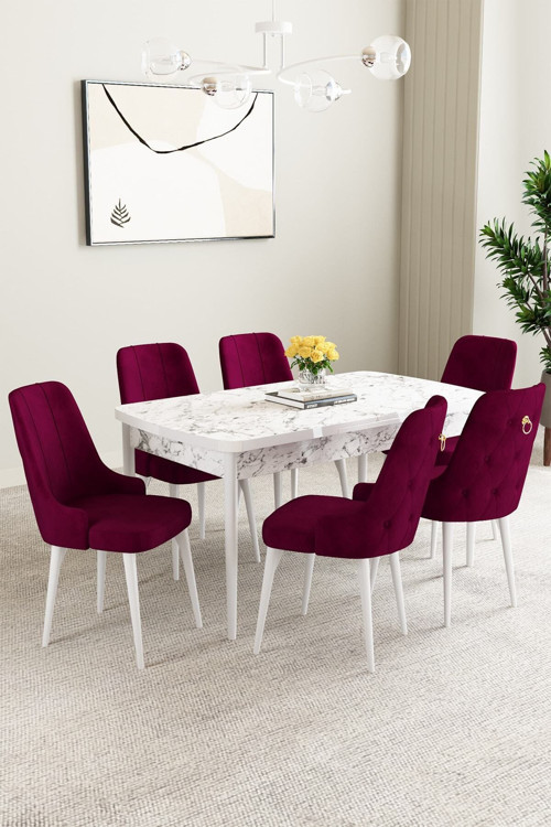 Mabel Beyaz Mermer Desen 80X132 Açılabilir Yemek Odası Takımı 6 Adet Sandalye