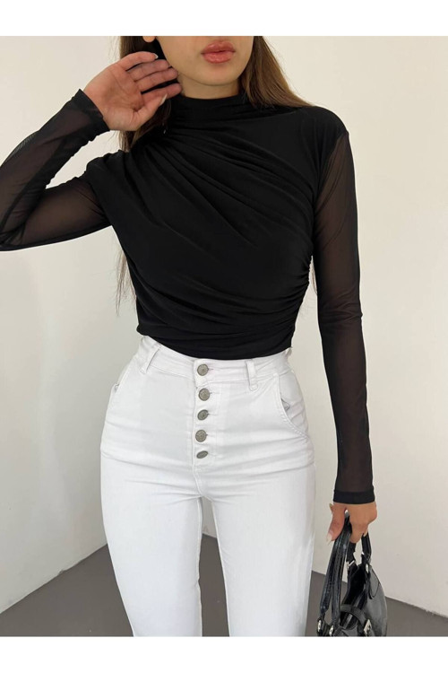 Kadın Dik Yaka Omuz Ve Bel Büzgülü Uzun Tül Kollu Bluz M