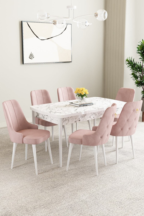 Mabel Beyaz Mermer Desen 80X132 Açılabilir Yemek Odası Takımı 6 Adet Sandalye
