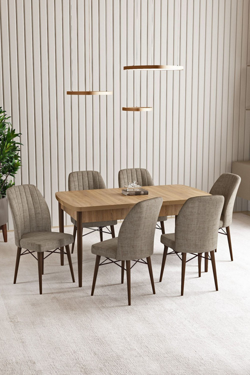 Vien Meşe Desen 80 X 132 Açılabilir Mdf Mutfak Masası 6 Adet Sandalye