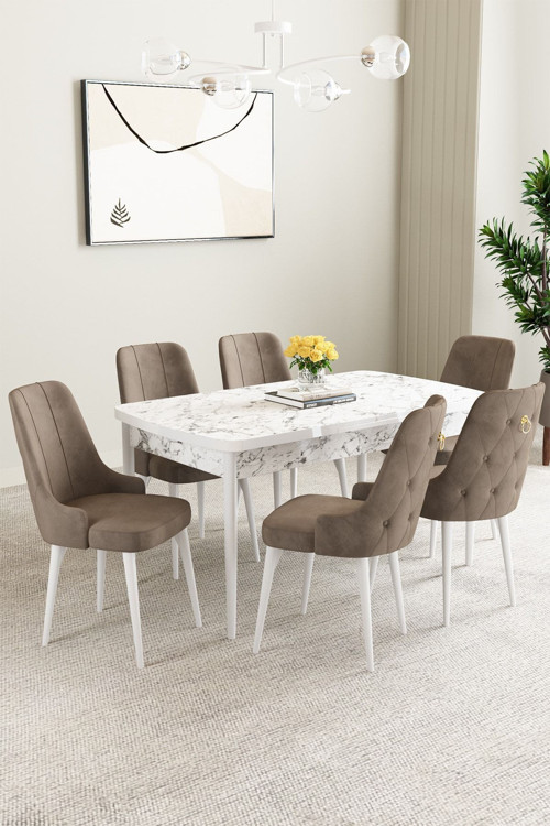 Mabel Beyaz Mermer Desen 80X132 Açılabilir Yemek Odası Takımı 6 Adet Sandalye