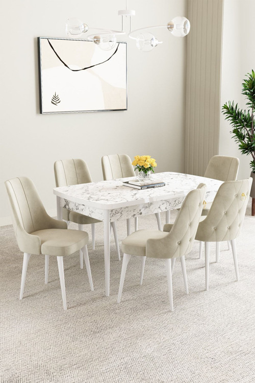 Mabel Beyaz Mermer Desen 80X132 Açılabilir Yemek Odası Takımı 6 Adet Sandalye