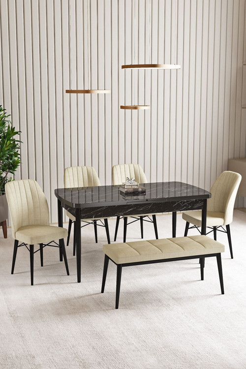 Lara Siyah Mermer Desen 80 X 132 Açılabilir Mdf Mutfak Masası 4 Sandalye, 1 Bench