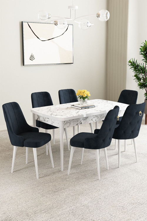 Mabel Beyaz Mermer Desen 80X132 Açılabilir Yemek Odası Takımı 6 Adet Sandalye