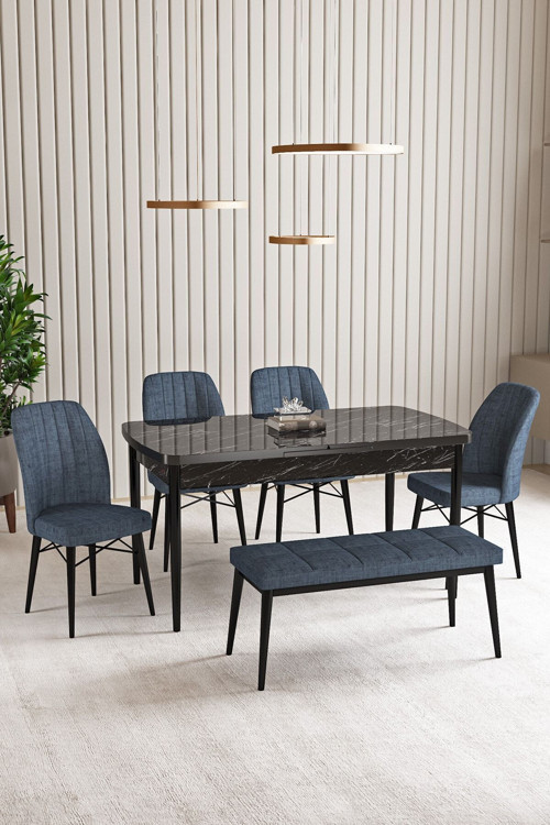 Lara Siyah Mermer Desen 80 X 132 Açılabilir Mdf Mutfak Masası 4 Sandalye, 1 Bench