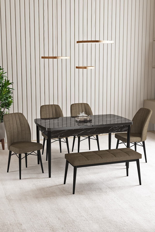Lara Siyah Mermer Desen 80 X 132 Açılabilir Mdf Mutfak Masası 4 Sandalye, 1 Bench