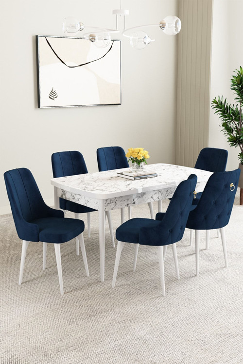 Mabel Beyaz Mermer Desen 80X132 Açılabilir Yemek Odası Takımı 6 Adet Sandalye