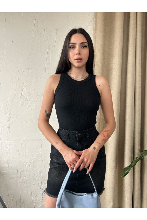 Kadın Halter Yaka Geniş Biye Crop Kaşkorse Atlet Bluz Siyah M
