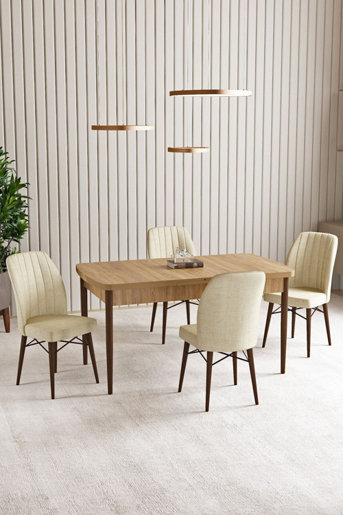 Vien Meşe Desen 80 X 132 Açılabilir Mdf Mutfak Masası 4 Adet Sandalye