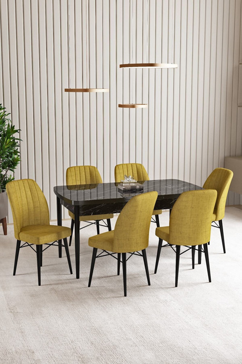 Vien Siyah Mermer Desen 80 X 132 Açılabilir Mdf Mutfak Masası 6 Adet Sandalye