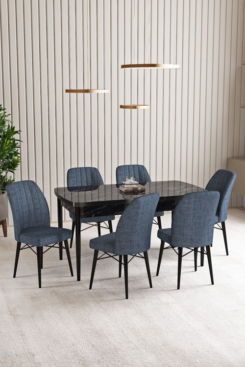 Vien Siyah Mermer Desen 80 X 132 Açılabilir Mdf Mutfak Masası 6 Adet Sandalye