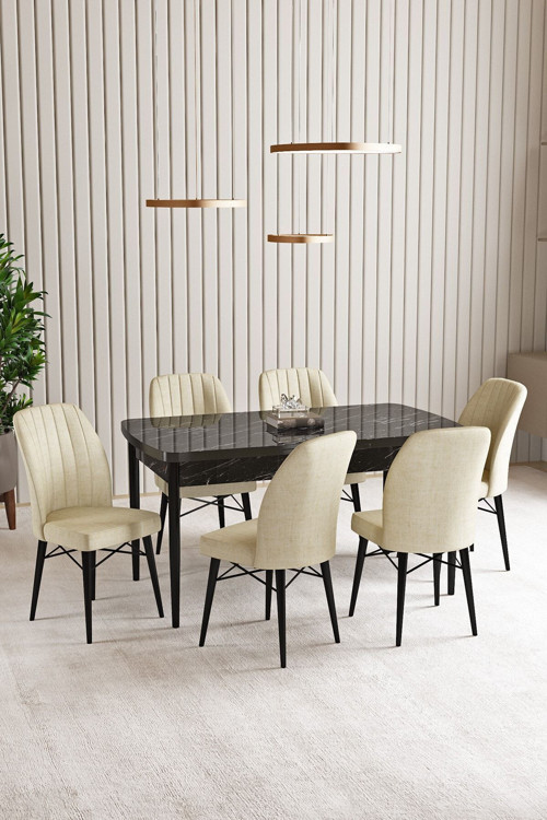 Vien Siyah Mermer Desen 80 X 132 Açılabilir Mdf Mutfak Masası 6 Adet Sandalye
