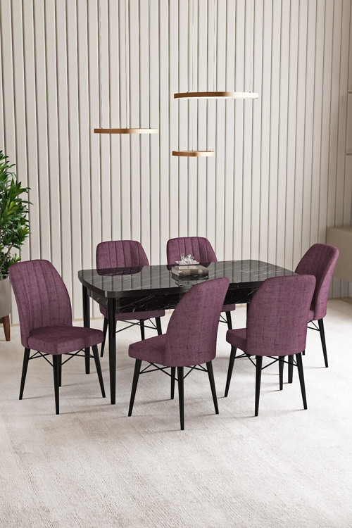 Vien Siyah Mermer Desen 80 X 132 Açılabilir Mdf Mutfak Masası 6 Adet Sandalye