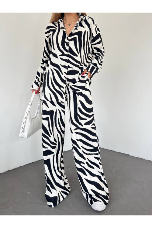 Kadın Zebra Desen Uzun Kollu Gömlek Ve Bol Paça Pantolon Alt-Üst Takım M