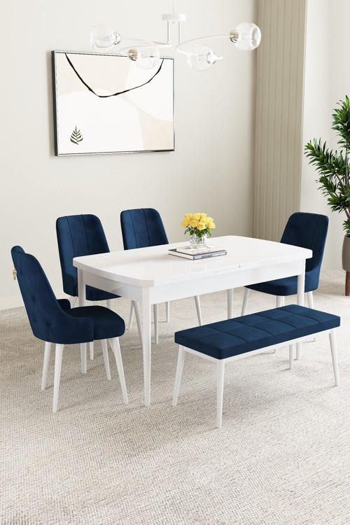 Mabel Beyaz 80X132 Açılabilir Yemek Odası Takımı 4 Sandalye, 1 Bench