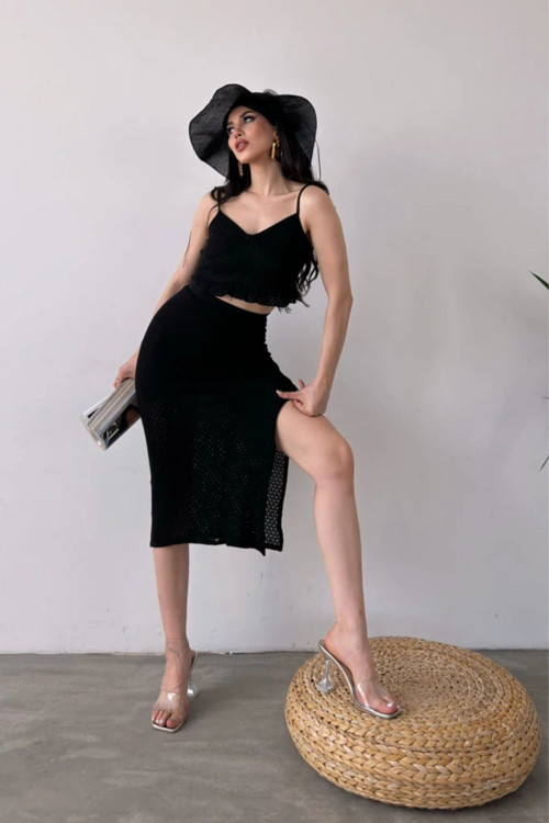Kadın Askılı V Yaka Fırfır Detaylı Crop Bluz Ve Yırtmaçlı Midi Etek Alt-Üst Takım Siyah L
