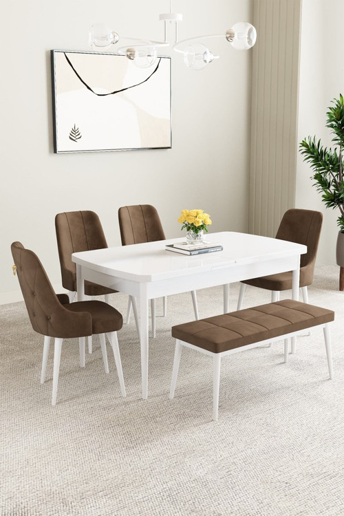 Mabel Beyaz 80X132 Açılabilir Yemek Odası Takımı 4 Sandalye, 1 Bench