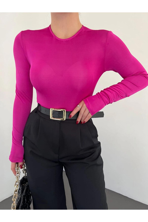 Kadın Bisiklet Yaka Uzun Kollu Bodysuit Bluz Fuşya M