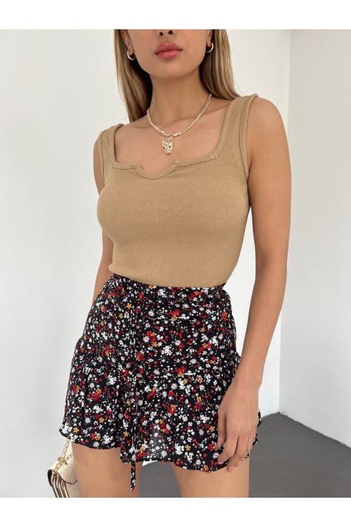 Kadın Kolsuz Kalın Askılı Kare Yaka V Detaylı Kaşkorse Bluz Camel XL