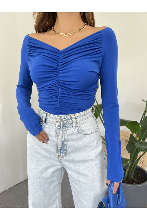 Kadın Kayık Yaka Önü Drapeli Uzun Kollu Bluz Saks Mavi XL